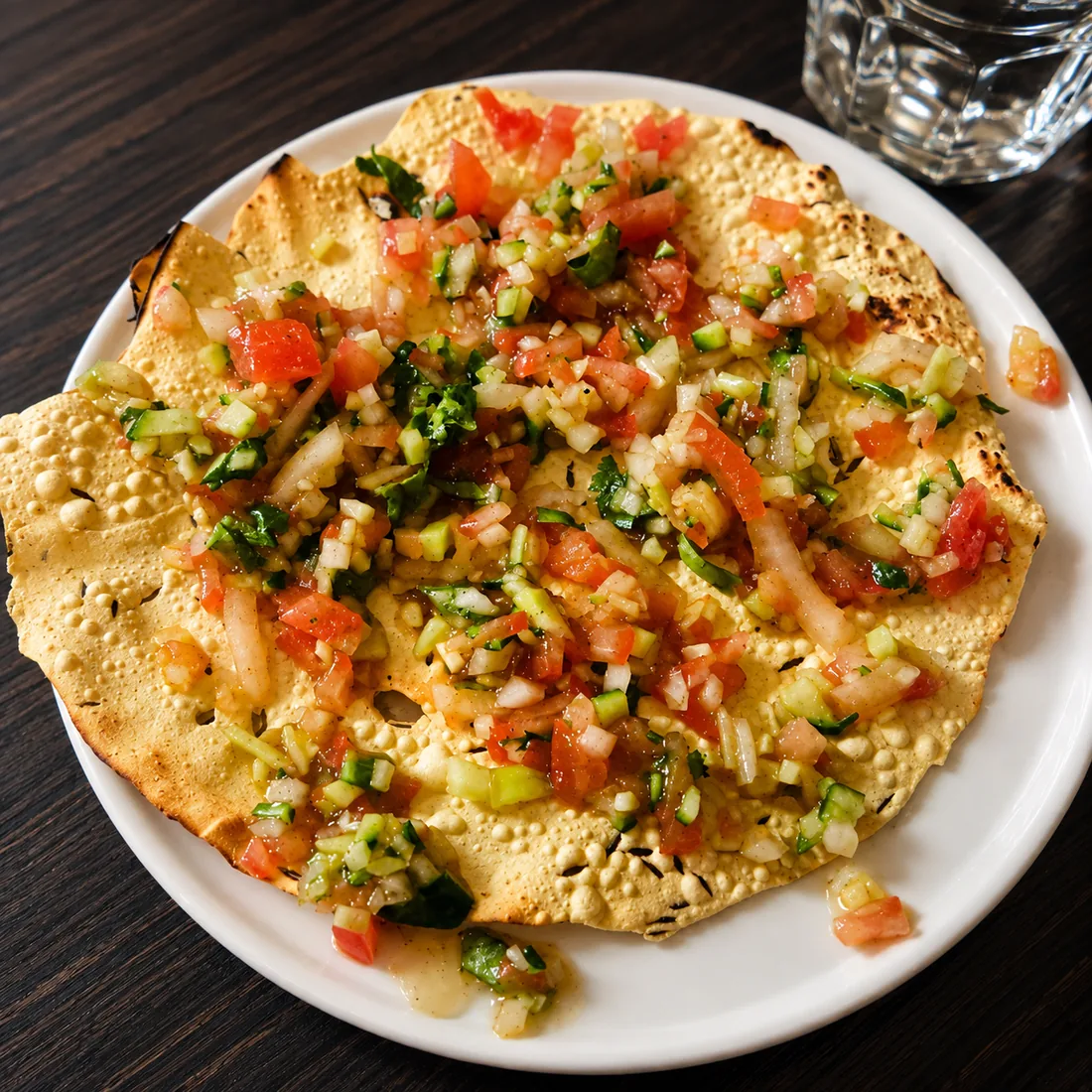 Masala papadum topped with chopped onion and tomato