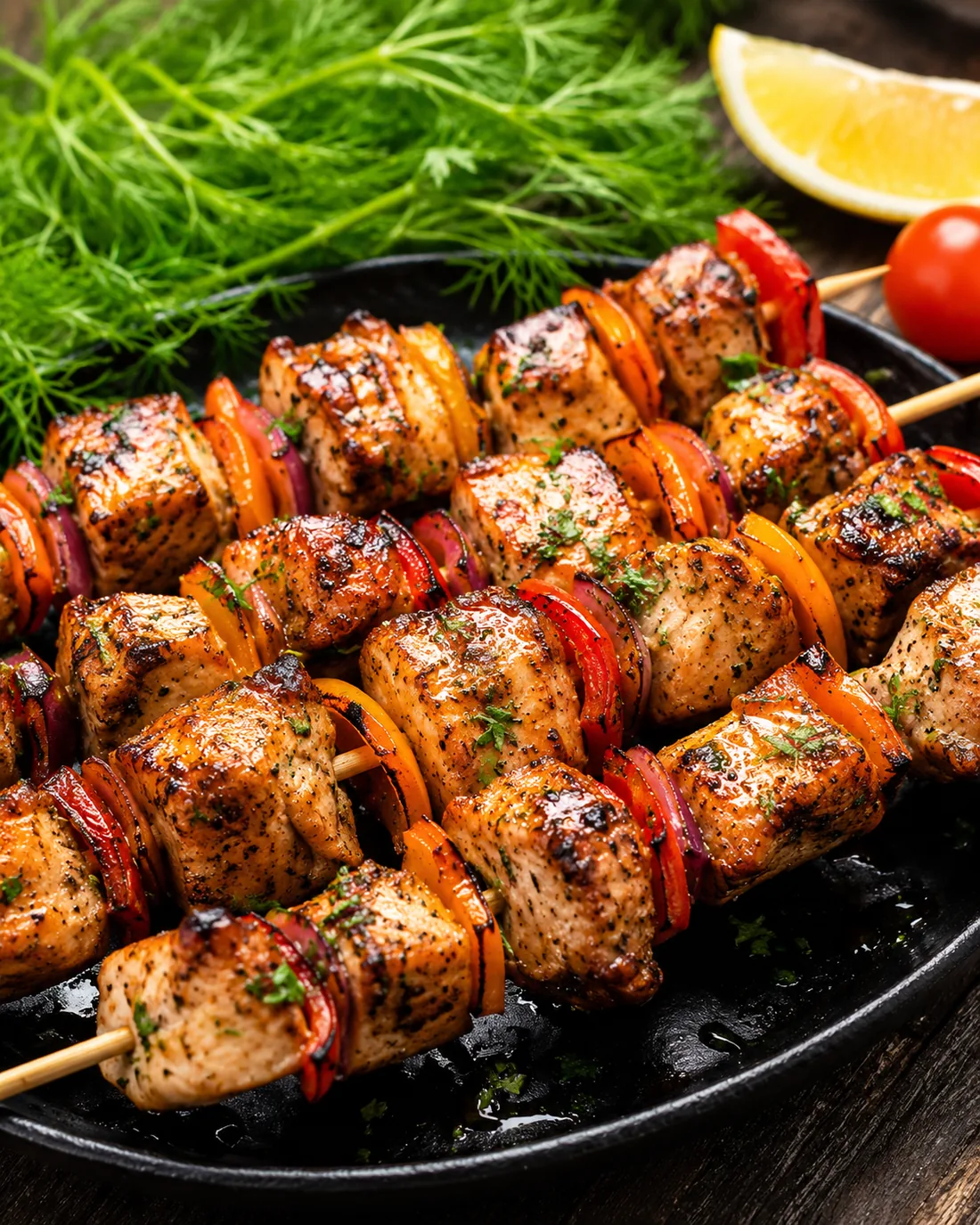 Chicken skewers grilled with peppers